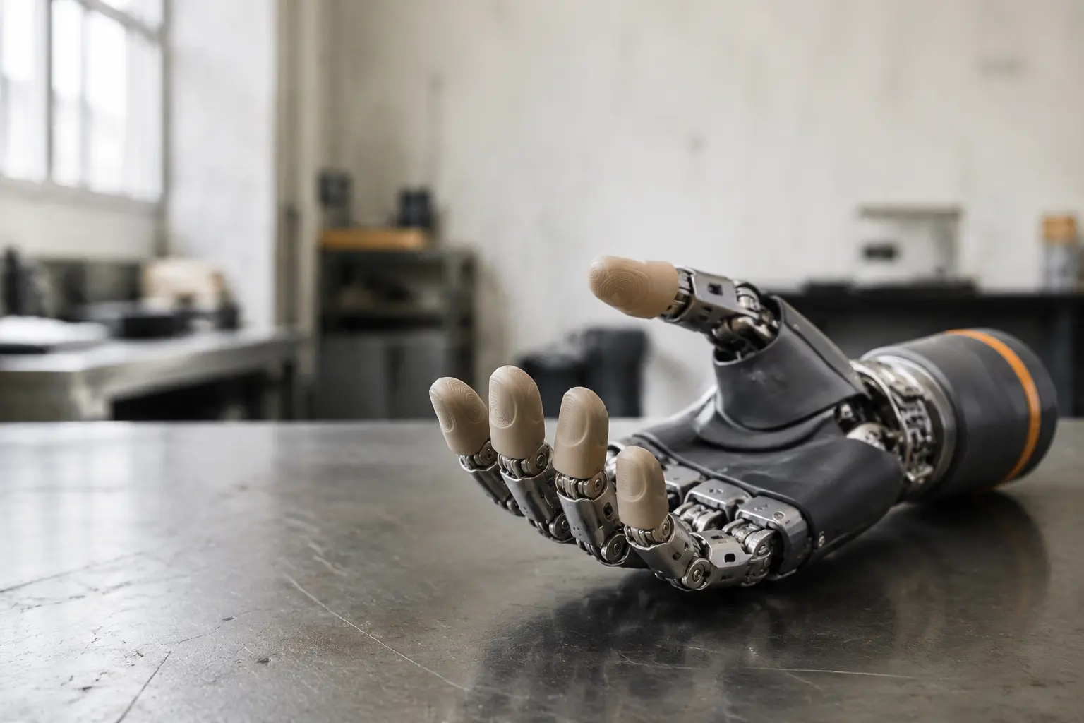 An advanced prosthetic hand in a robotics workshop